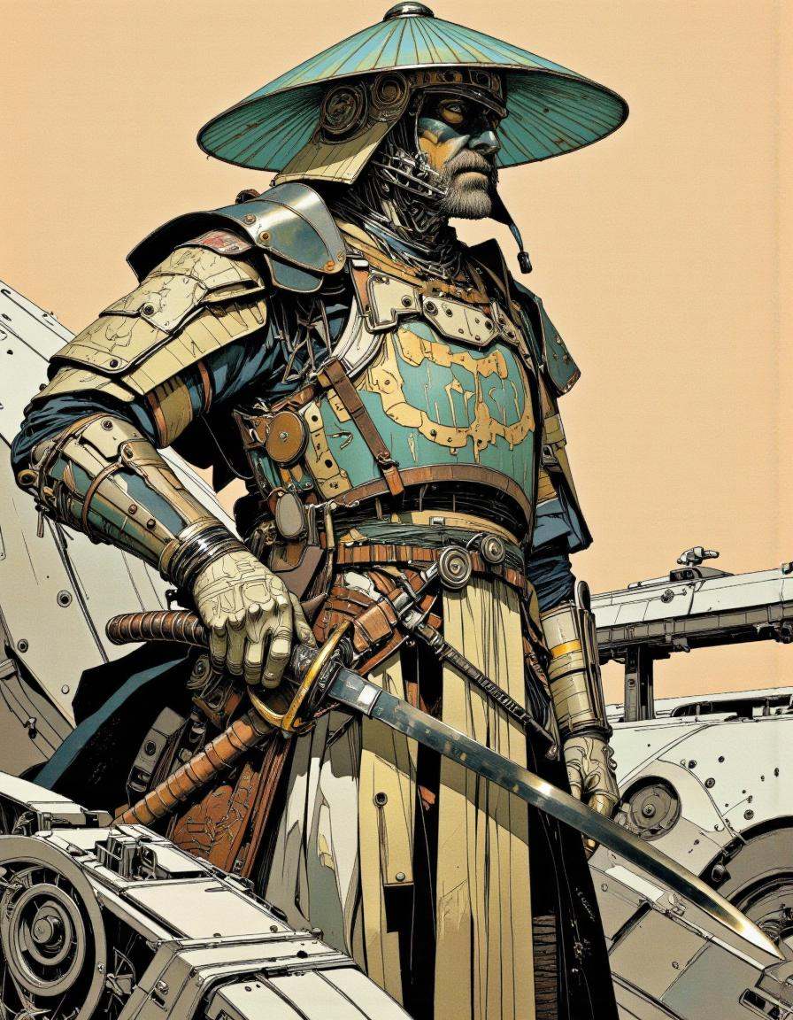 A highly detailed digital illustration in a stylized,  futuristic sci-fi art style. The central character is a warrior cla...