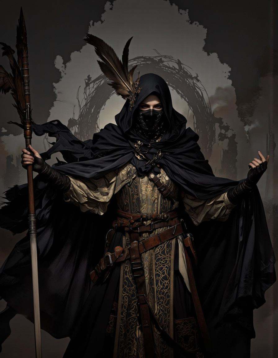 A digital illustration featuring a woman hunter dressed in a dark and ominous outfit in dynamic action. She is wearing a b...