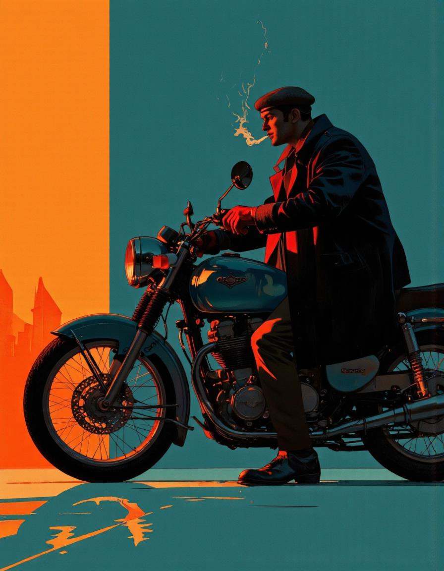 A minimalistic illustration shoot from the side about a silhouette of a man riding a motorcycle against a gradient backgro...