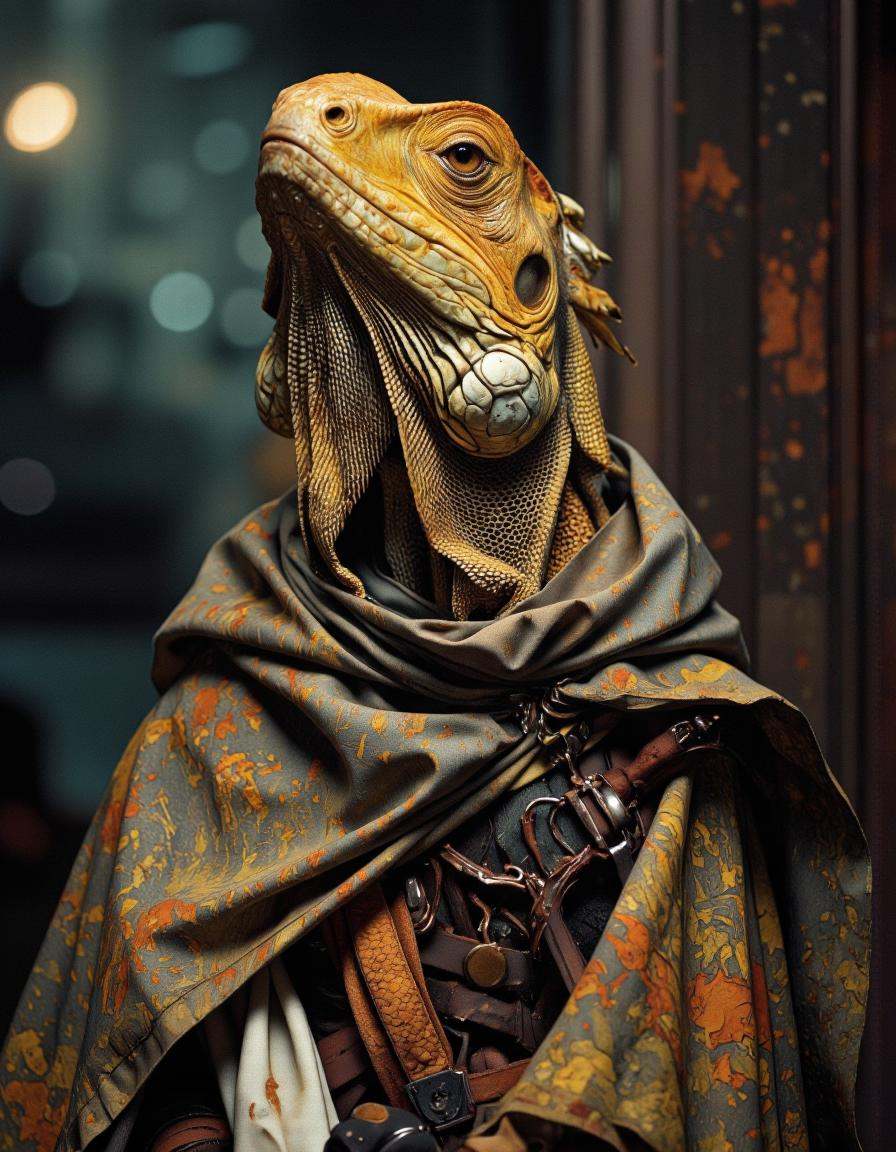 A digital illustration shoot from the side about a yellow Iguana,  rust,  epic on Tensor.Art