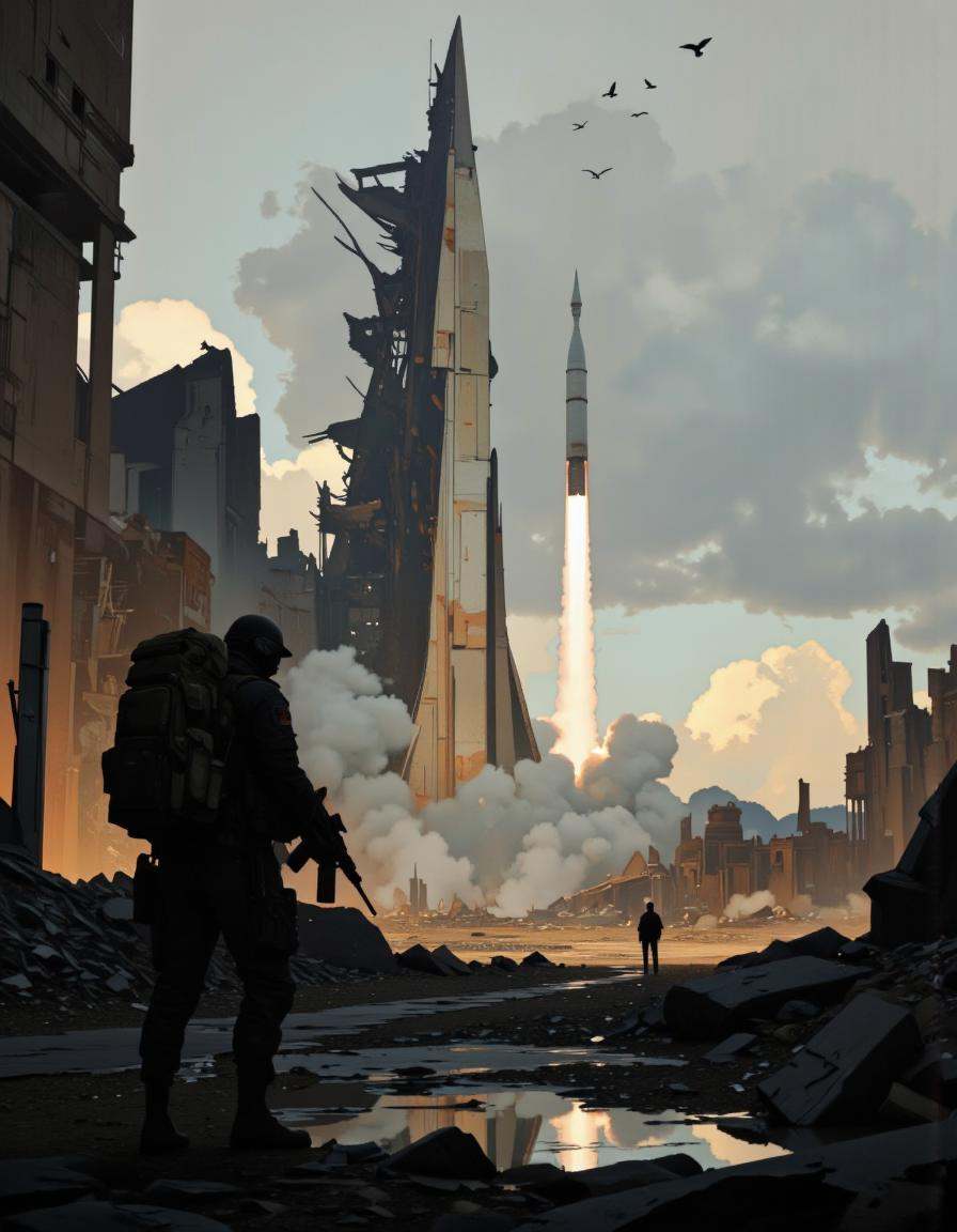 A digital illustration shoot from the back about a futuristic scene featuring a silhouette of a soldier standing in front...