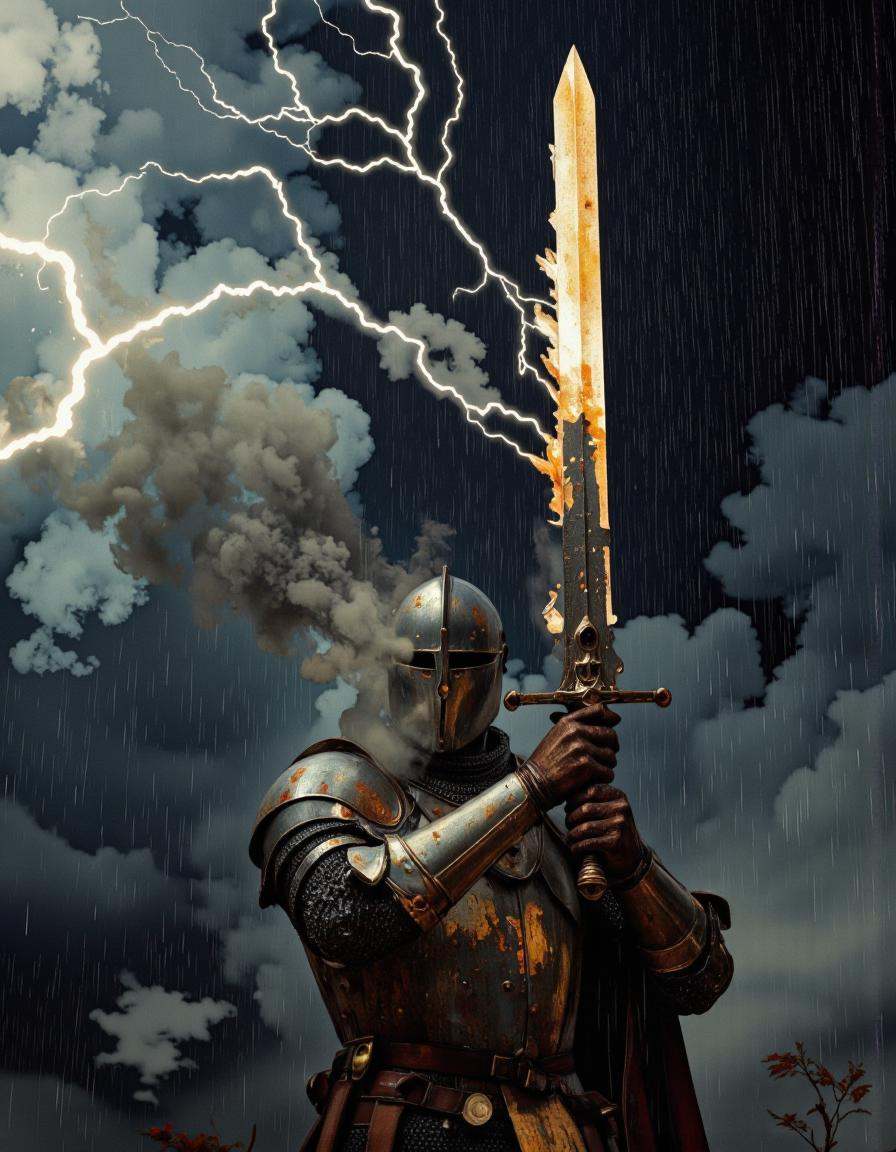 A highly detailed cinematic scene,  side profile close up of knight in heavy,  rusted armor on Tensor.Art