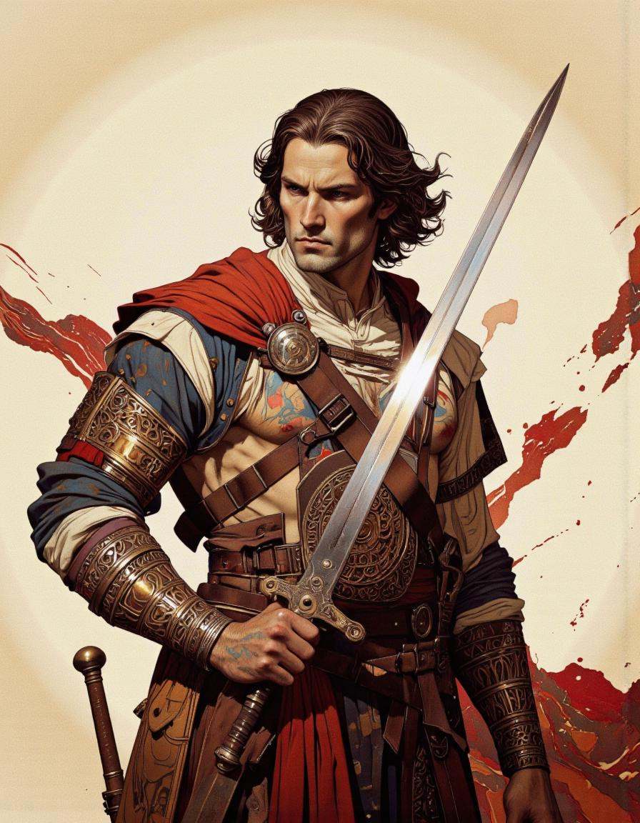 A muscular man with long hair and a fierce expression on his face. He is holding a sword in his right hand and his left ha...