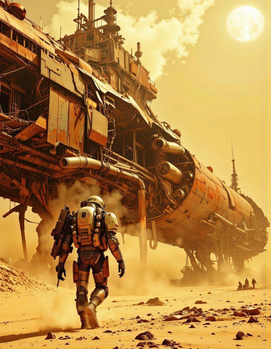 This is a high-resolution CGI image depicting a post-apocalyptic desert landscape under a hazy,  golden-yellow sky. The fo...