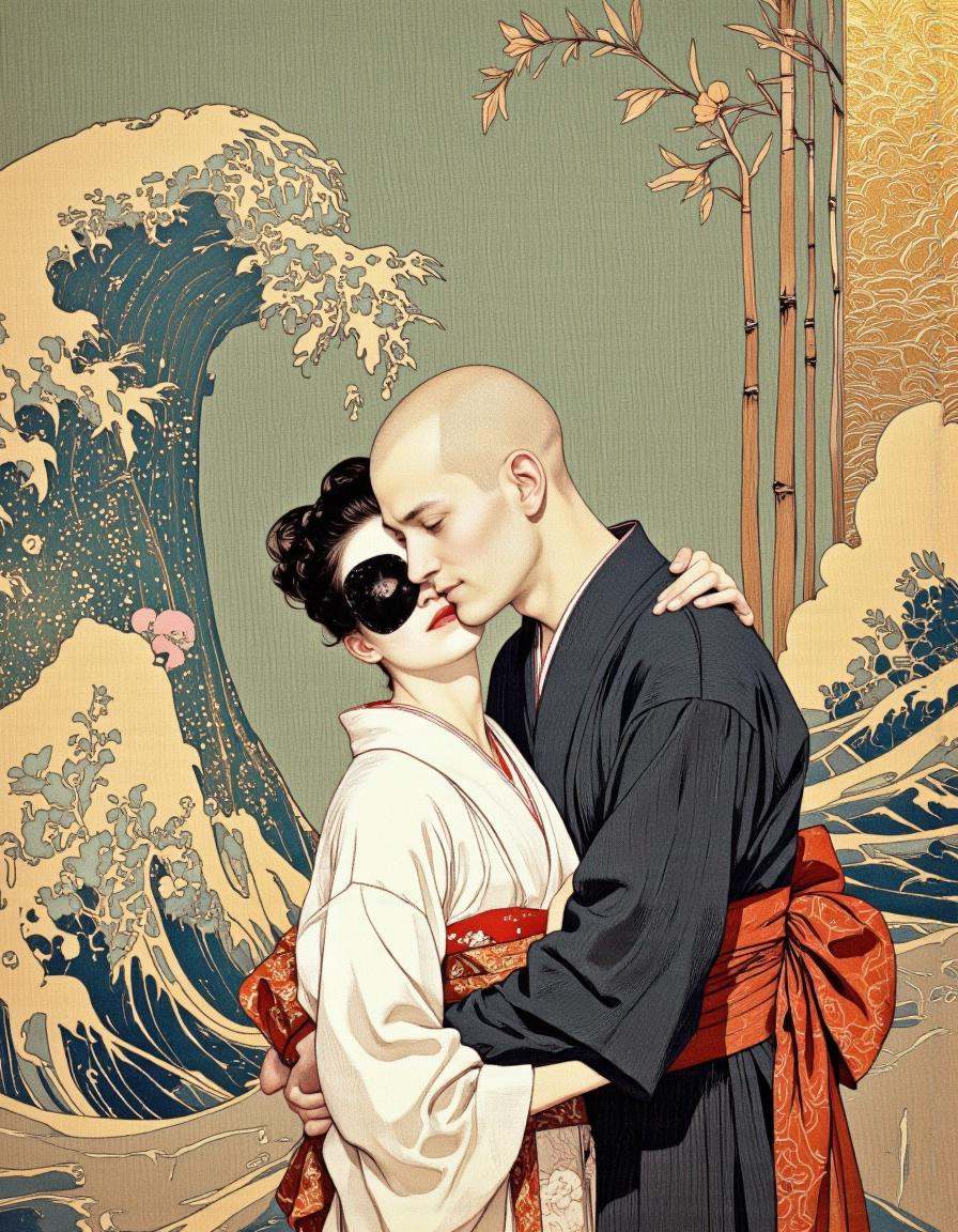 A digitally created,  stylized drawing in the traditional Japanese ukiyo-e art style. It features two figures,  a man and...