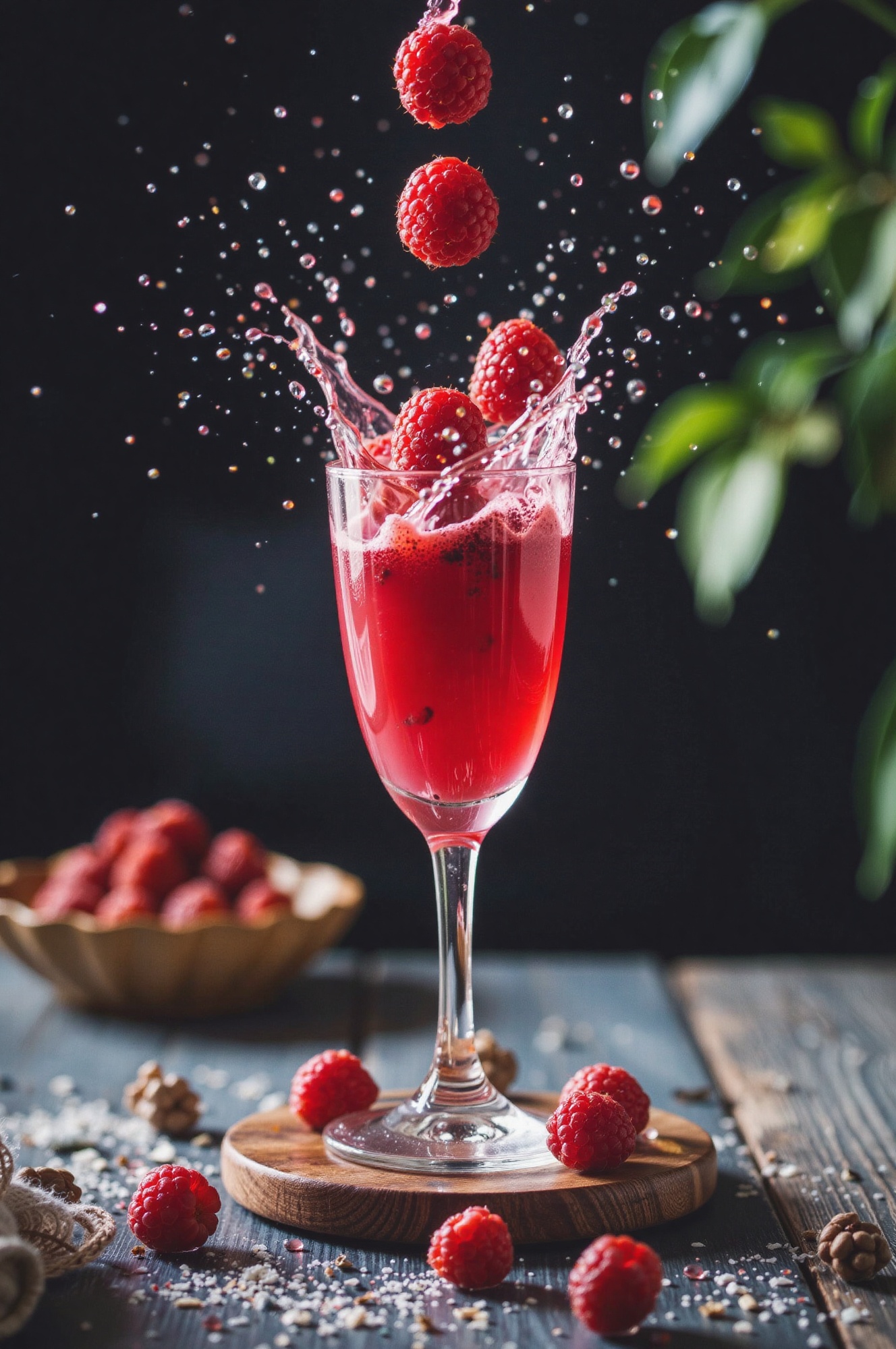 Focus on a close-up scene where raspberries are dropped into a glass filled with pink liquid,  capturing them mid-air as t...