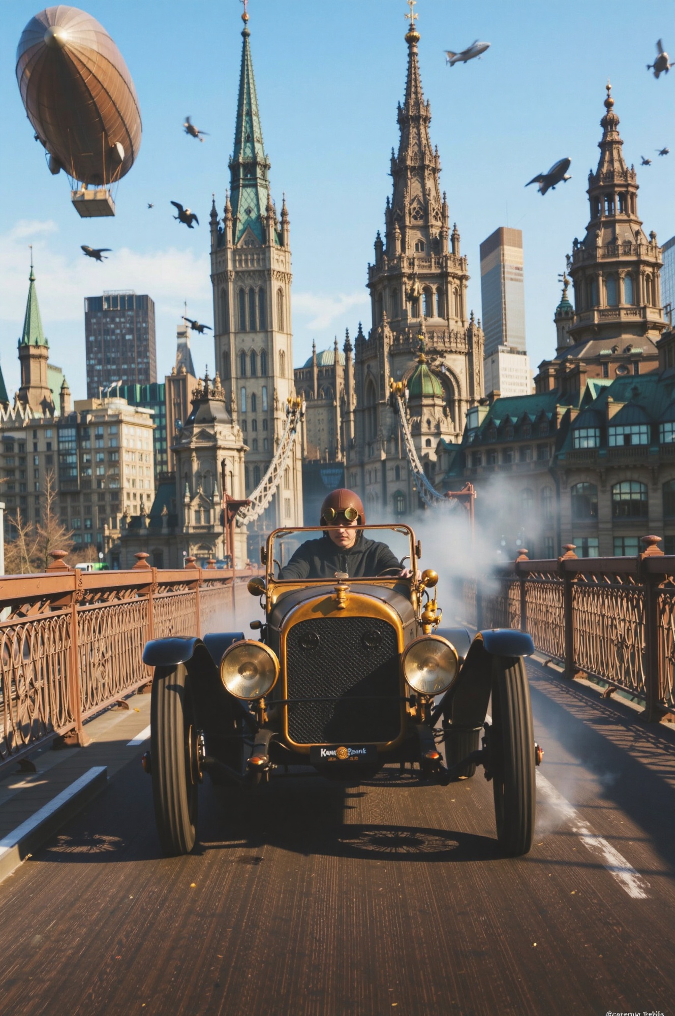 A low,  front three-quarter view of a steampunk vintage car driven by a person wearing goggles and a helmet,  positioned i...