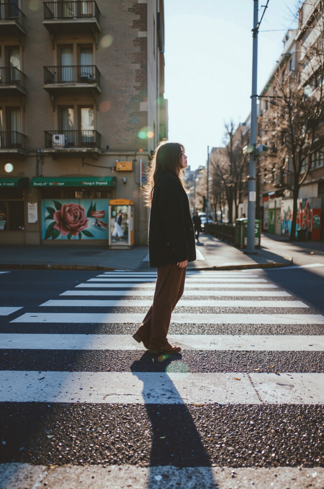 a close-up of a poised subject standing on a zebra crossing in an urban environment,  their body slightly angled to the ri...