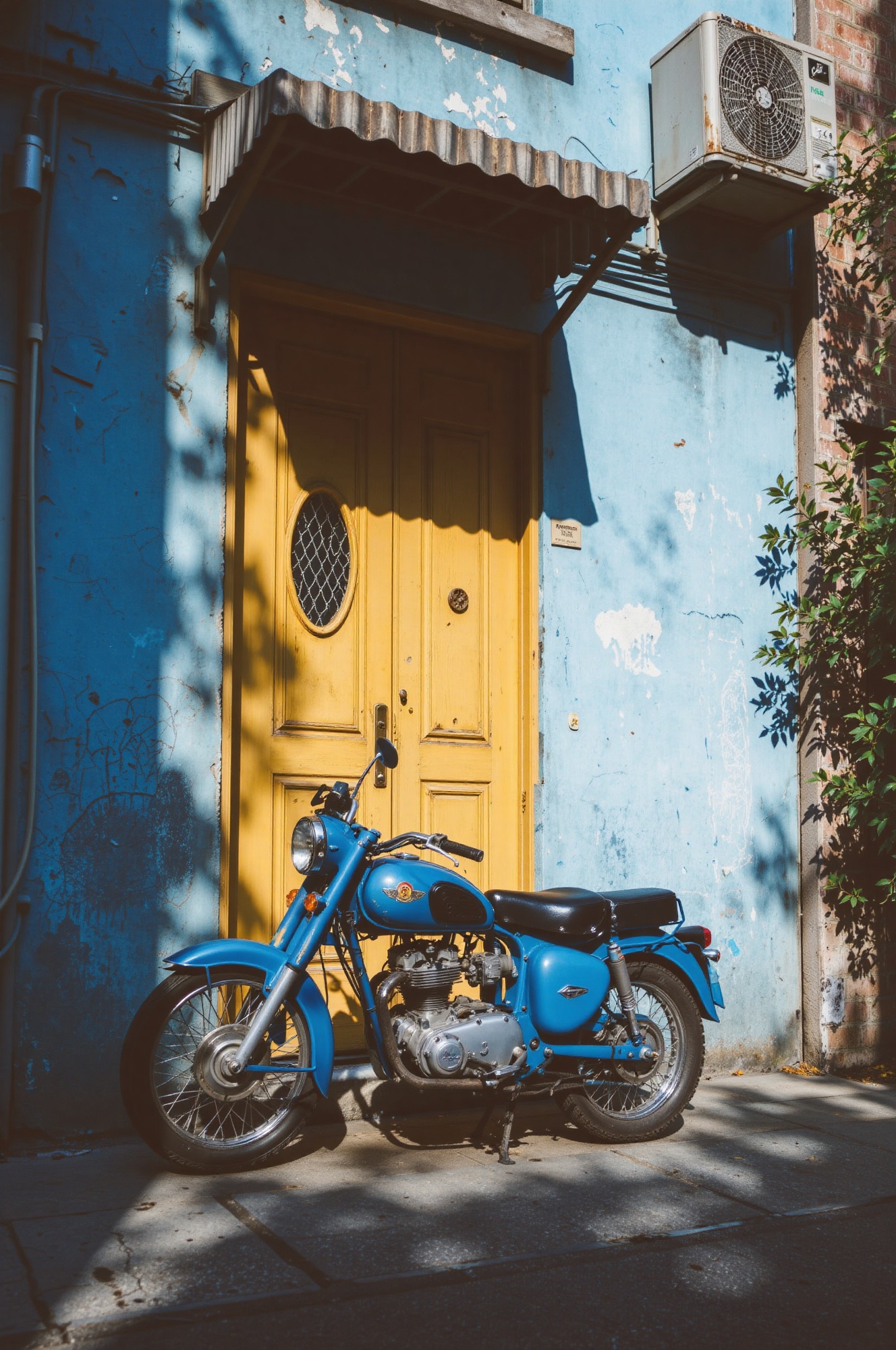 A straight-on camera angle captures a vintage blue motorcycle parked against the facade of a weathered building with peeli...