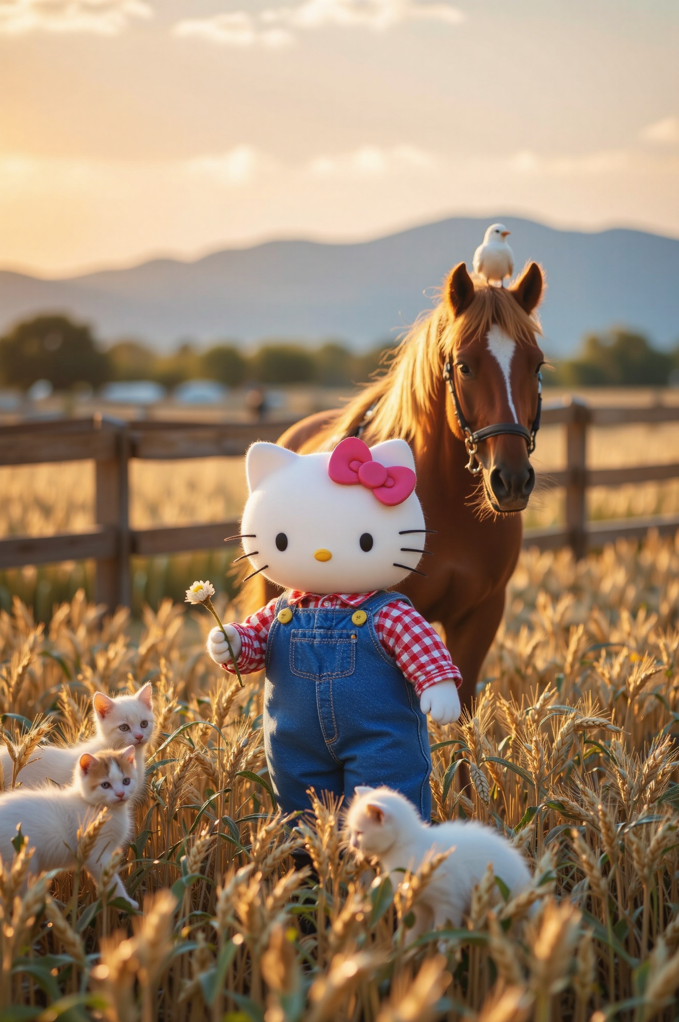 Hello Kitty dressed as a farmer,  standing in a wheat field surrounded by various animals. Hello Kitty is wearing a straw...