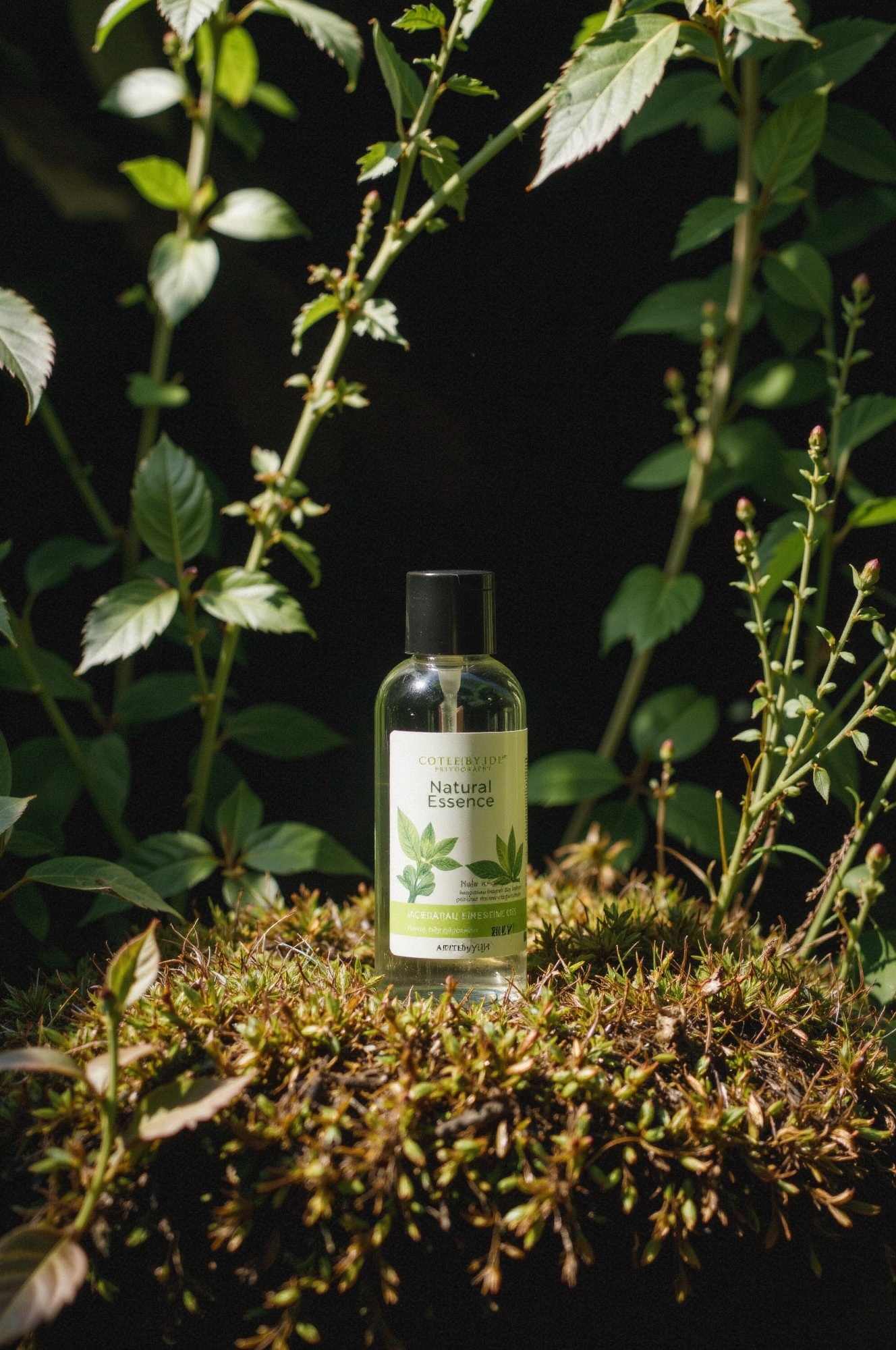 Position the 'Natural Essence' cosmetic bottle centrally on a lush,  green,  mossy surface on Tensor.Art