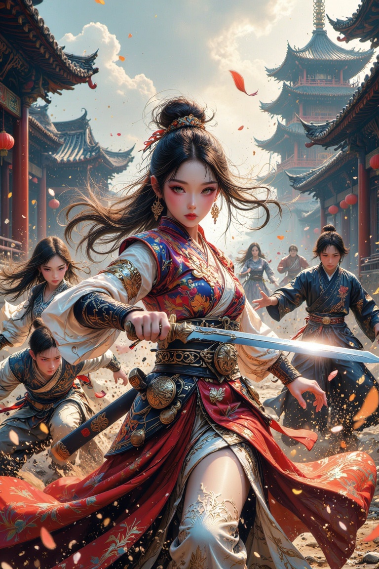 In the style of martial Arts,  The image depicts a dynamic and intense scene with a central figure in elaborate,  traditio...