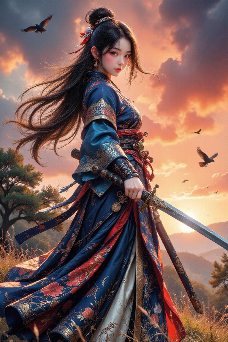The image depicts a person dressed in traditional East Asian attire,  holding a sword. The person is standing in an outdoo...