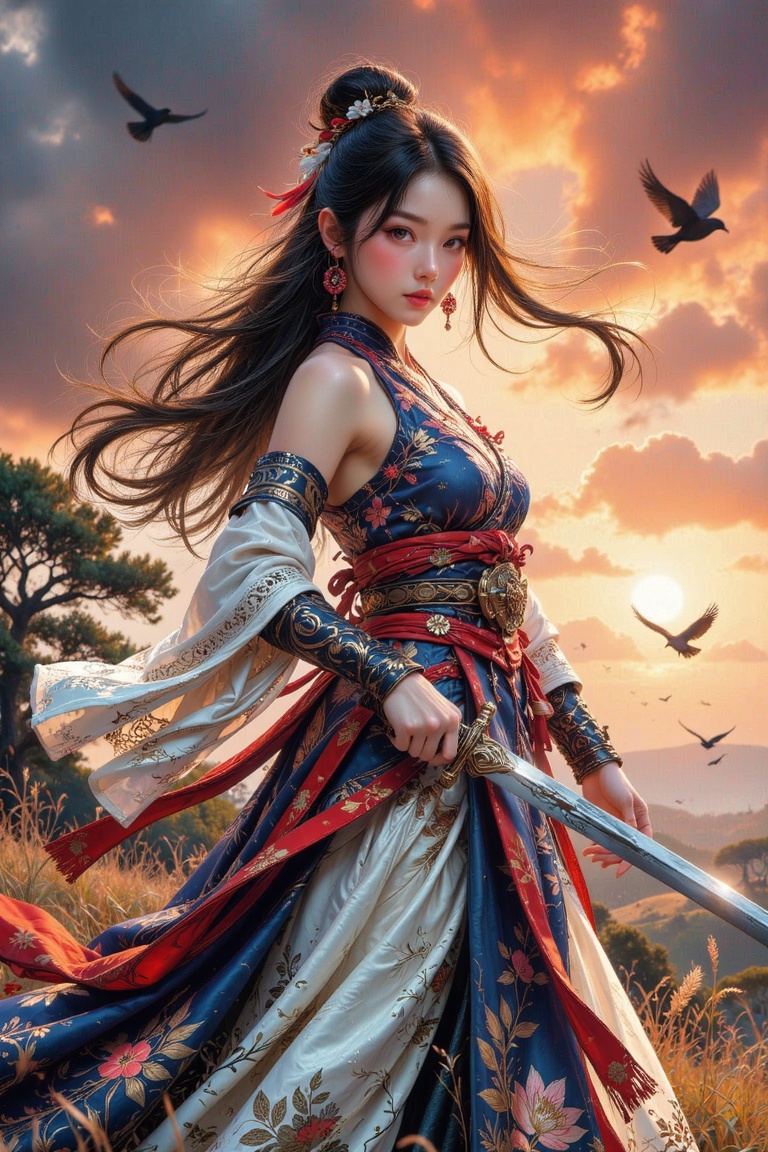 The image depicts a person dressed in traditional East Asian attire,  holding a sword. The person is standing in an outdoo...