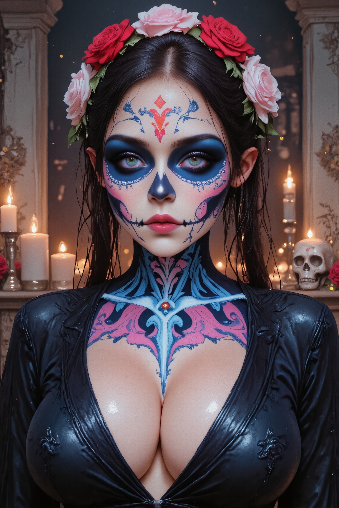 This is a highly detailed d0td91rl style digital illustration of,  Vibrant sugar skull makeup for Halloween,  inspired by...