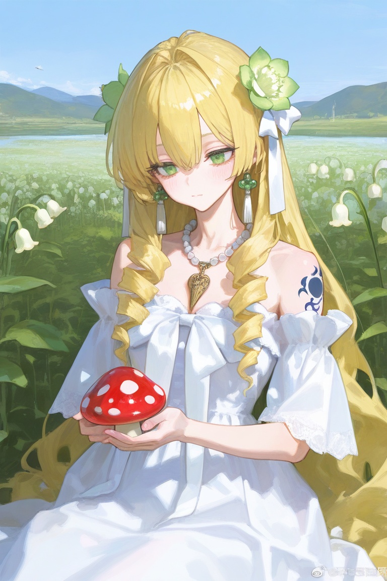 newest,  late,  1girl animal bare_shoulders bead_necklace beads berry blonde_hair blood blood_on_chest blood_on_clothes bl...