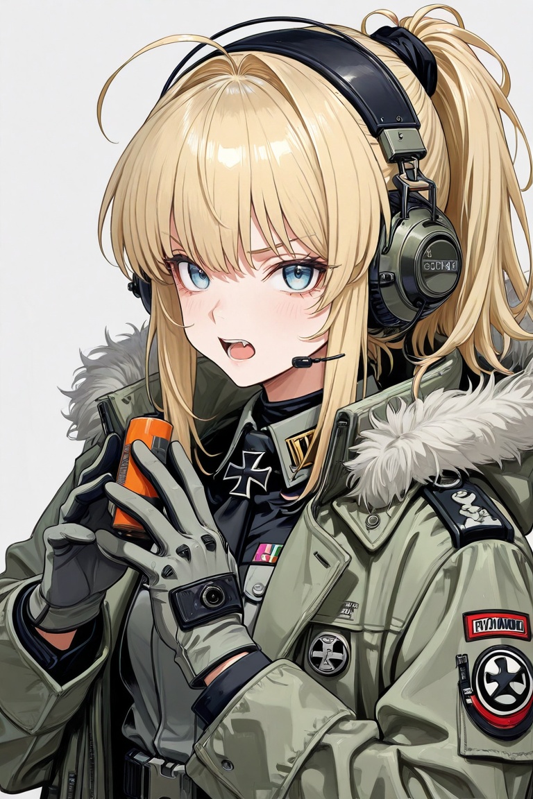 newest,  late,  1girl ahoge blonde_hair blue_eyes coat cross fang fangs fur-trimmed_coat fur_trim gloves green_jacket grey...