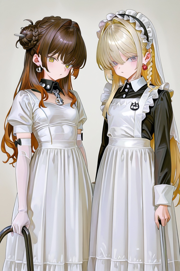 newest,  late,  2girls apron artist_name black_dress blonde_hair braid brown_hair bun_cover collared_dress dress earrings...