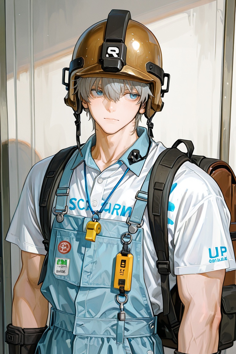 newest,  late,  1boy backpack bag blue_eyes brown_headwear closed_mouth gloves grey_hair hair_between_eyes helmet holding...