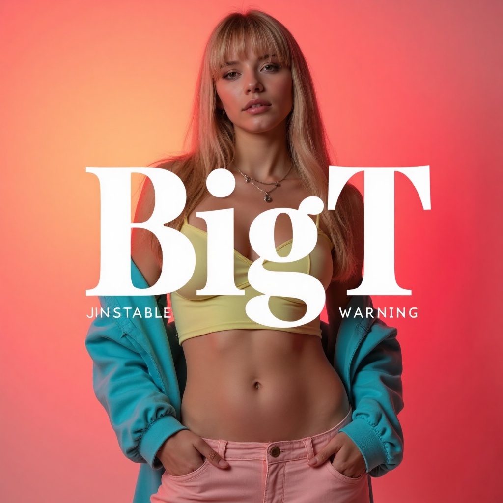a elegant white text "BigT" ,  with text "UNSTABLE WARNING" below it,  overlaying the subject on Tensor.Art