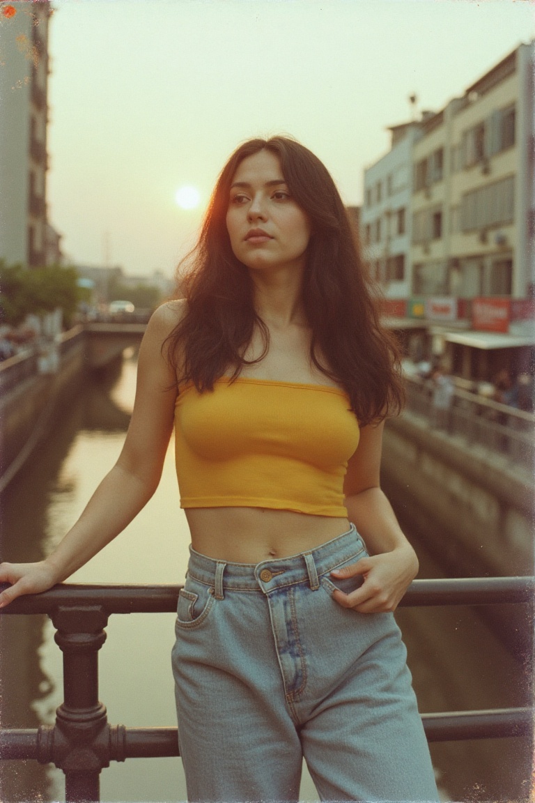 fully clothed A captivating artistic photograph taken with a Polaroid SX-70 camera: a 21.3-year-old woman with dark wavy h...