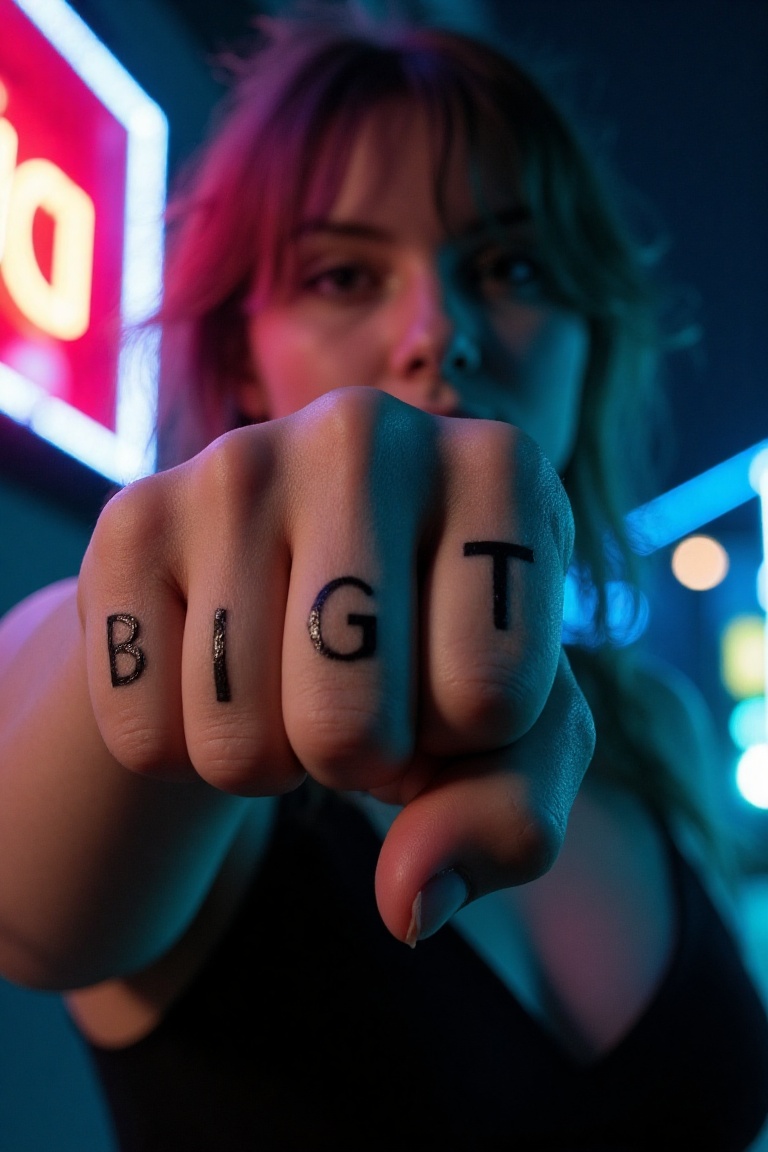 "A cinematic close-up shot in **moody,  high-contrast lighting**,  focusing sharply on the clenched **fist of a woman** on...