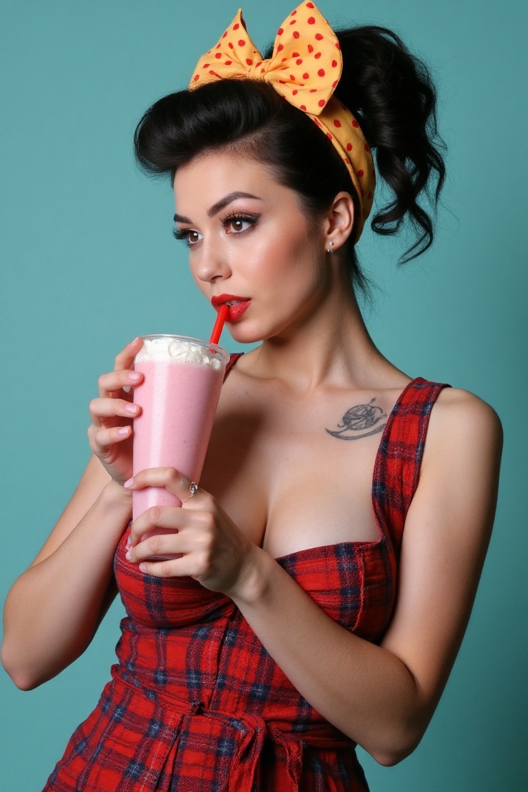 A stunning retro-style woman with a pin-up aesthetic. She has bold makeup featuring dramatic winged eyeliner and deep red...