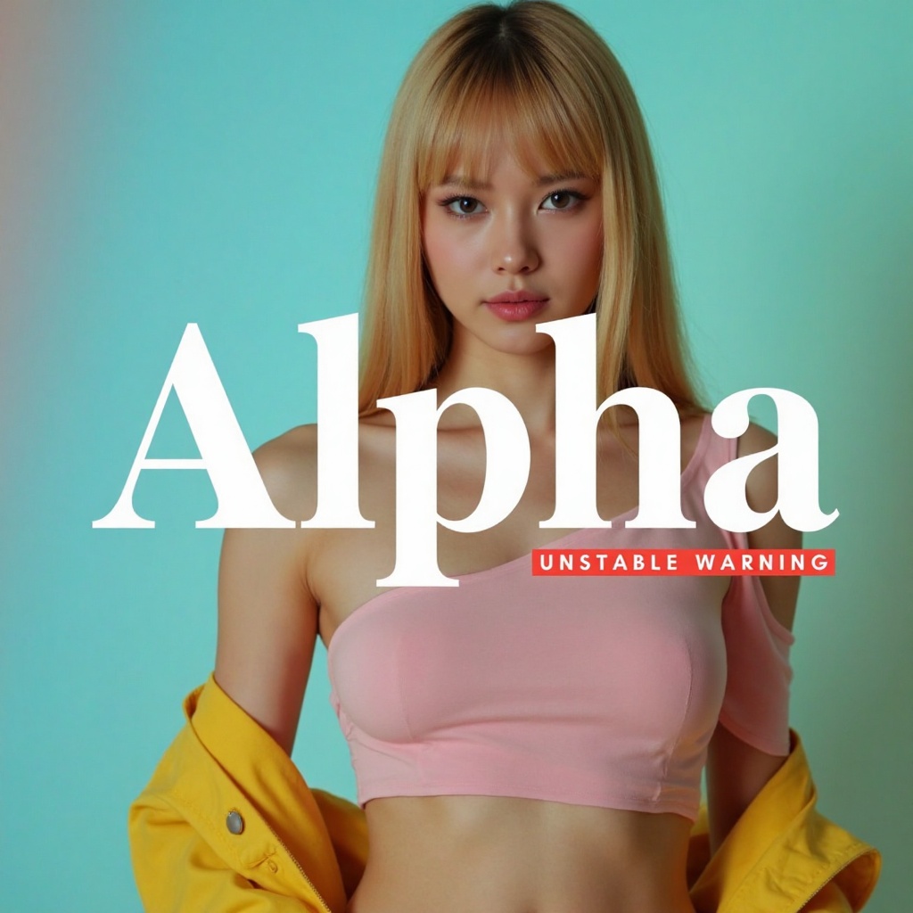 Bold elegant white text "Alpha" ,  with small red text "UNSTABLE WARNING" below it,  overlaying the subject on Tensor.Art