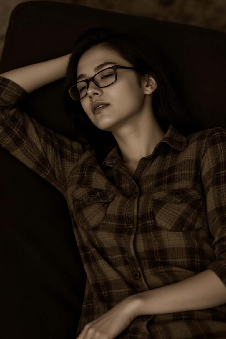 cinematic photo of an attractive woman with long dark hair,  wearing glasses and a plaid shirt,  She is reclining in a rel...