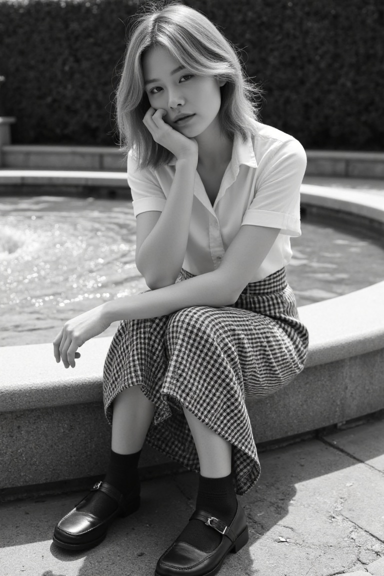 Here is a photorealistic prompt for an Elle Magazine photoshoot: A timeless black-and-white masterpiece captures a model s...