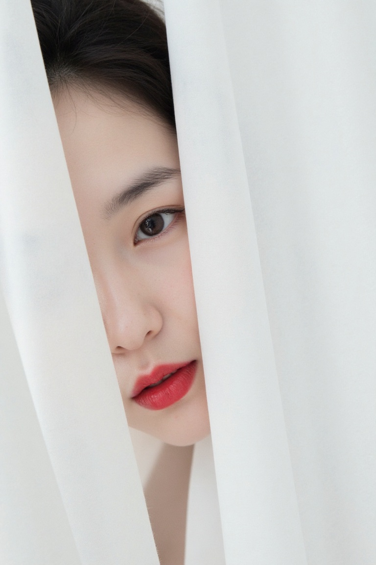 A captivating minimalist portrait of a shy and alluring woman. The left half of her face is visible,  with her delicate fe...