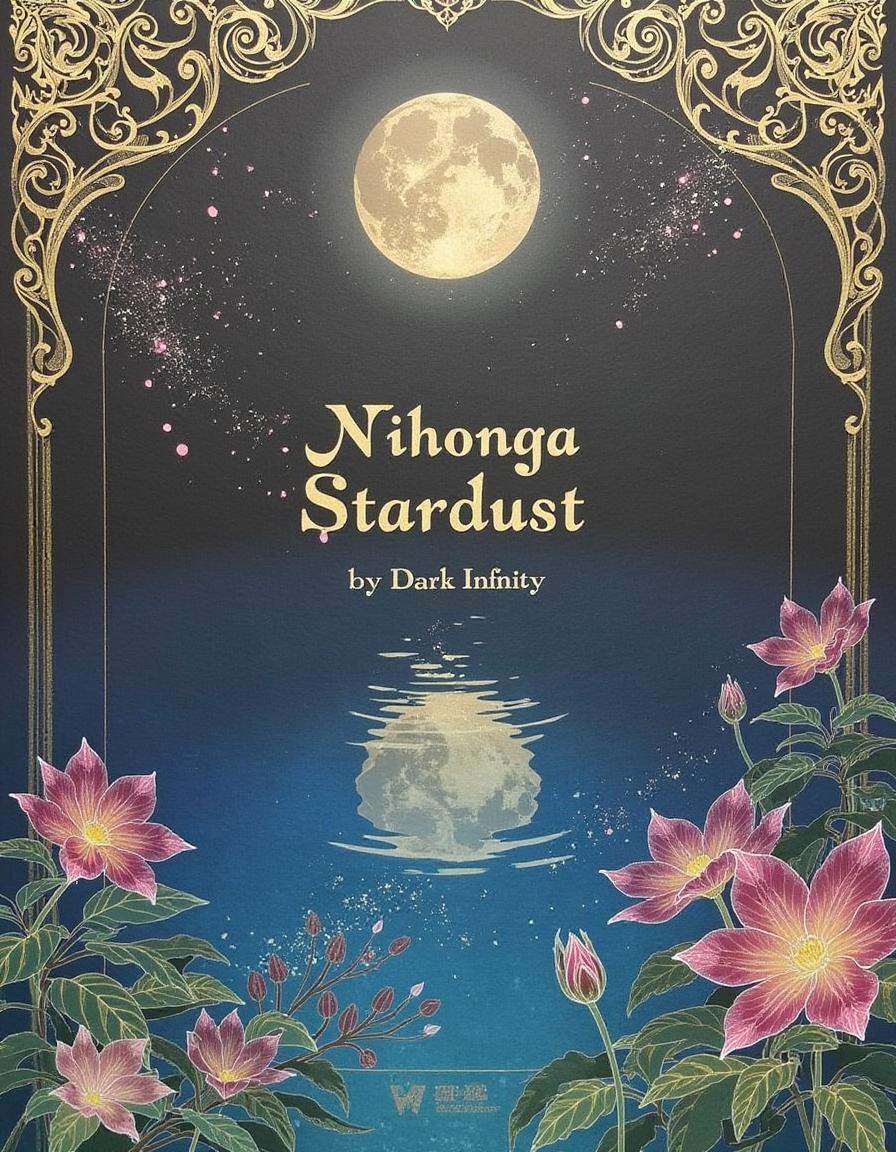 a dinhng style painting with ((large text over an image that says "Nihonga Stardust" and that appears in a zen-inspired fo...