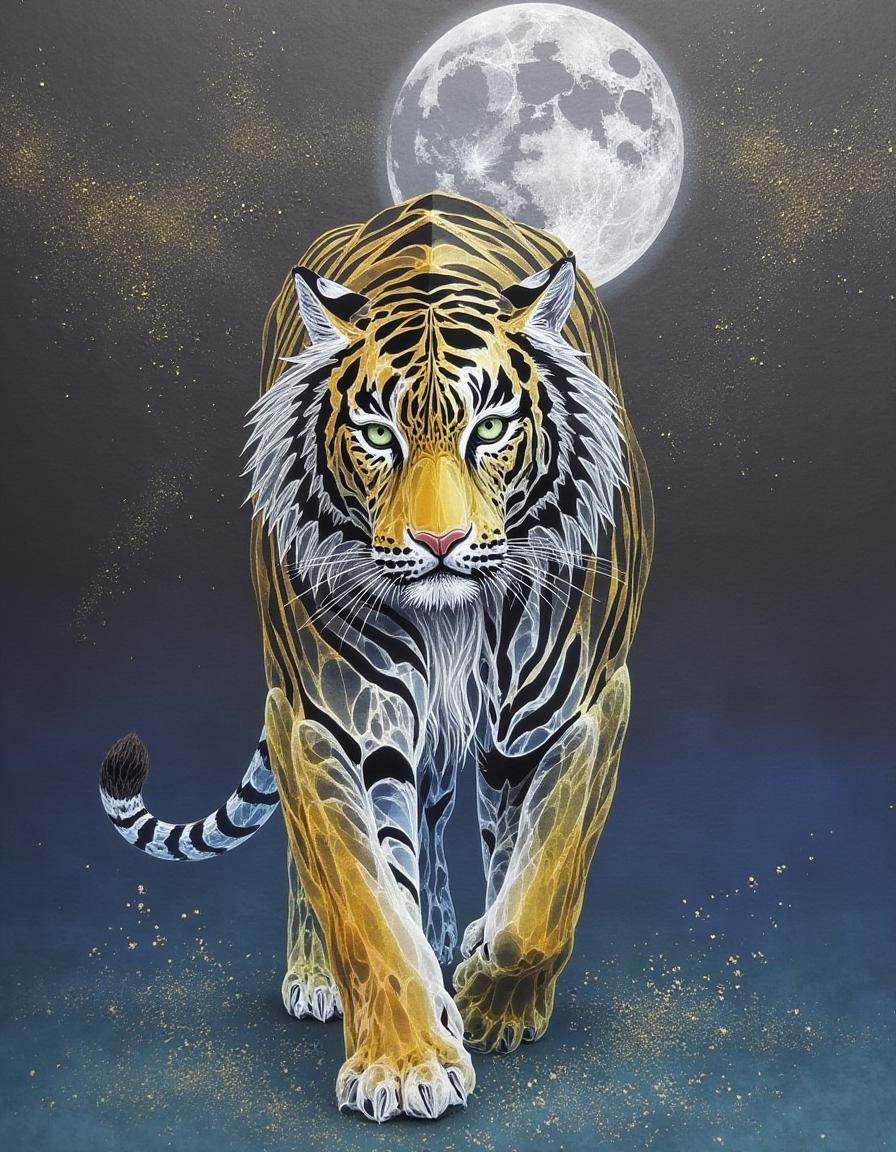 a mystical tiger with glowing golden stripes walking under a translucent moon,  intricate starry sky patterns,  and a sere...
