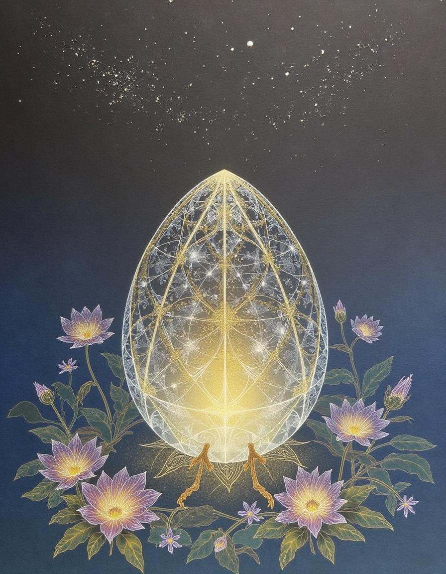a translucent phoenix egg glowing golden with intricate patterns under a starry night sky surrounded by delicate flowers i...
