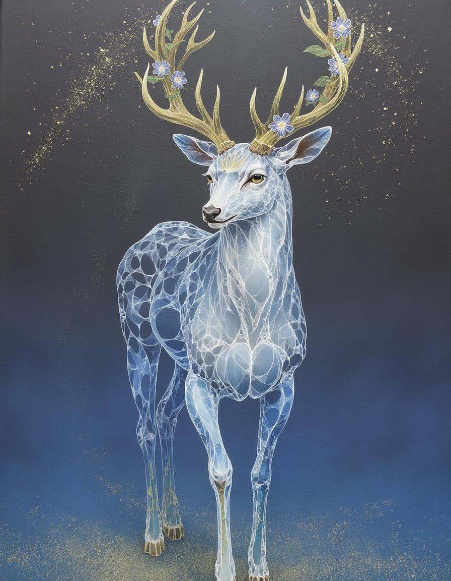 a translucent celestial deer glowing with golden antlers adorned with intricate flowers,  standing under a serene starry n...