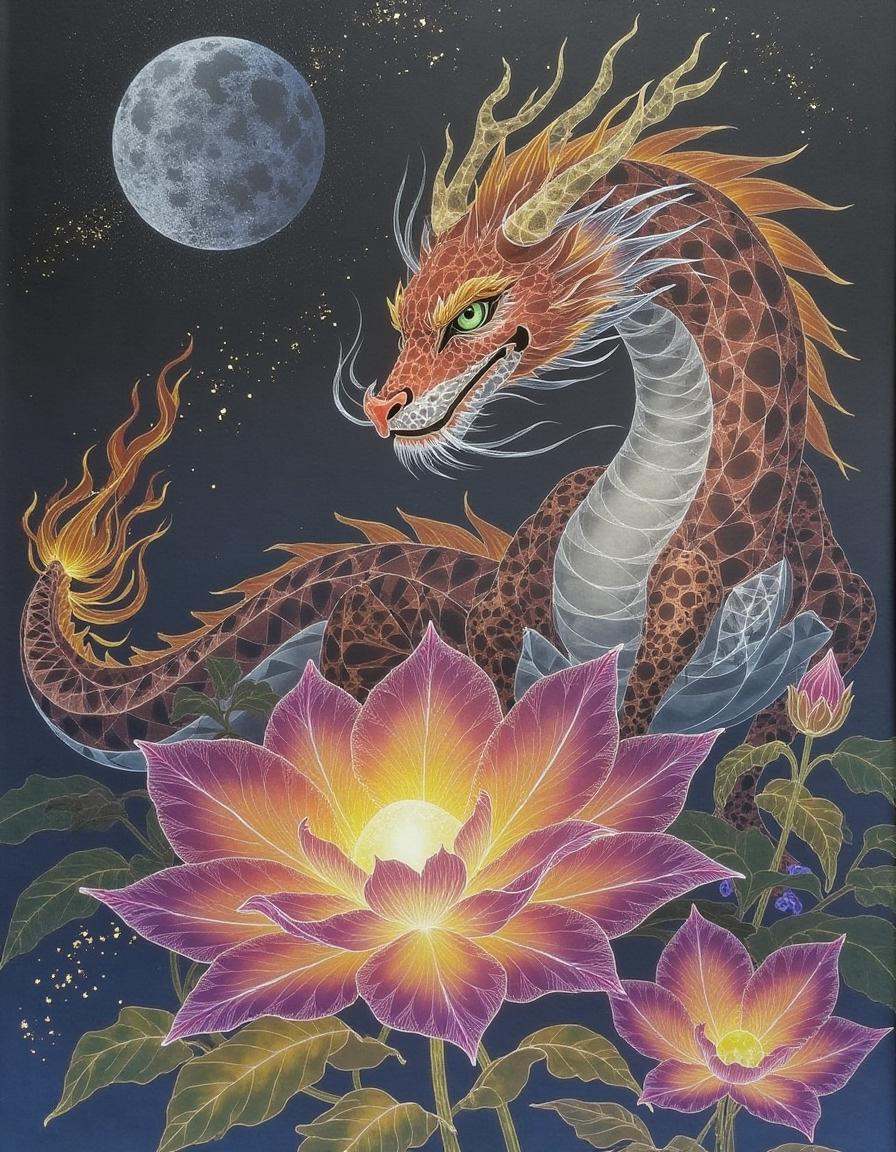 a glowing dragon pearl surrounded by translucent golden flames,  resting on intricate flowers under a mystical moonlit sky...