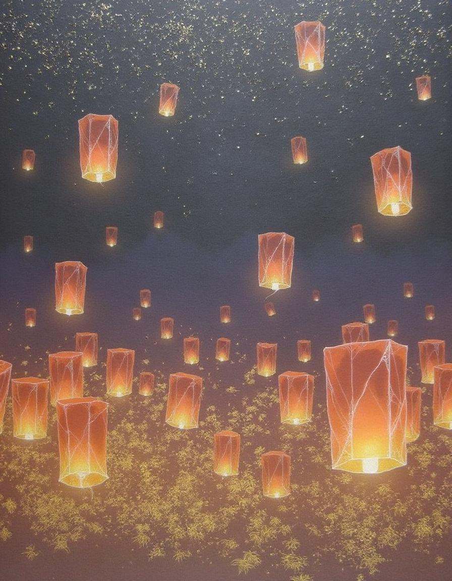 a glowing lantern festival with translucent paper lanterns floating under a mystical starry night,  surrounded by intricat...