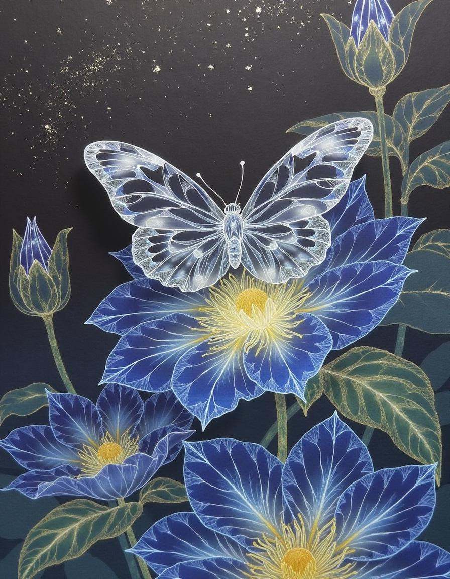a translucent butterfly resting on intricate flowers glowing under the starry night sky,  ethereal atmosphere with golden...