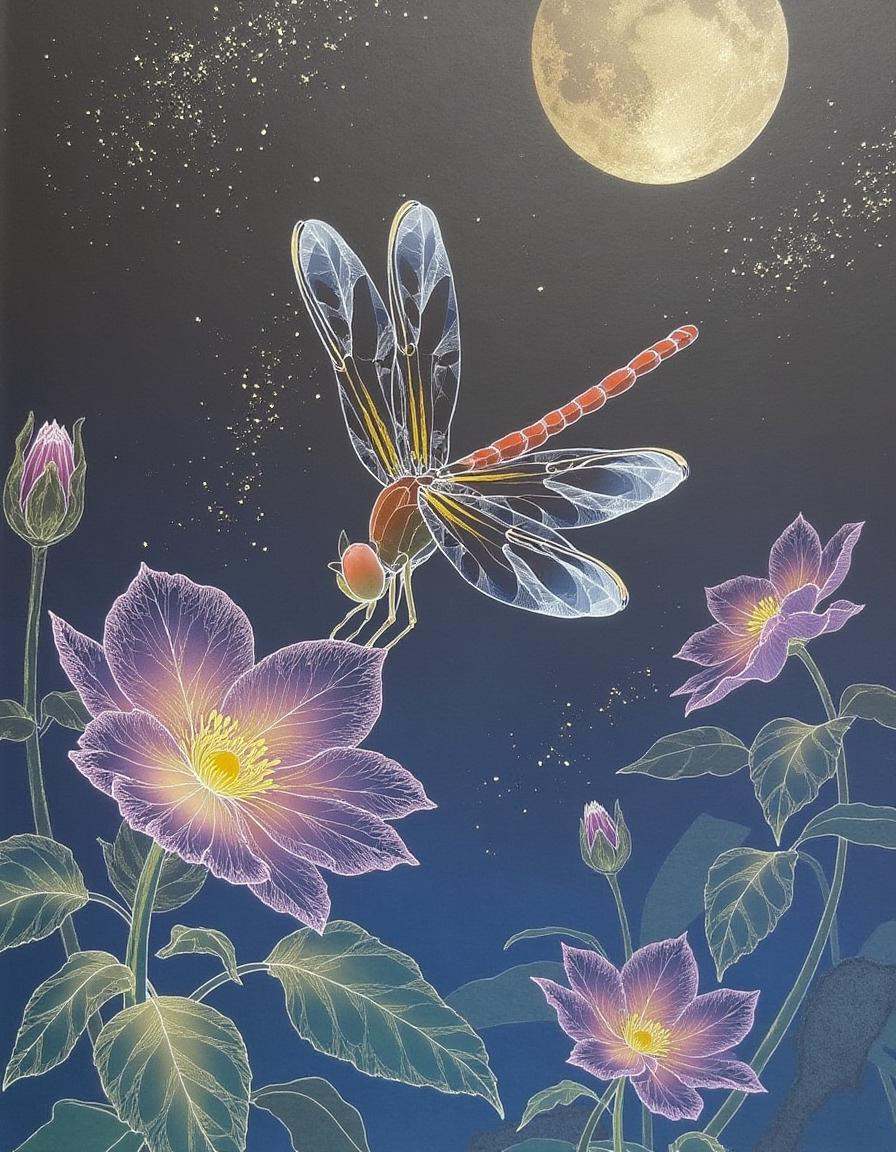 a translucent dragonfly glowing golden as it hovers over intricate flowers under a serene moonlit sky with a starry mystic...