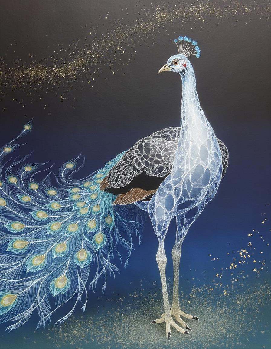 a translucent peacock with glowing feathers and intricate patterns standing under a serene starry sky with delicate golden...