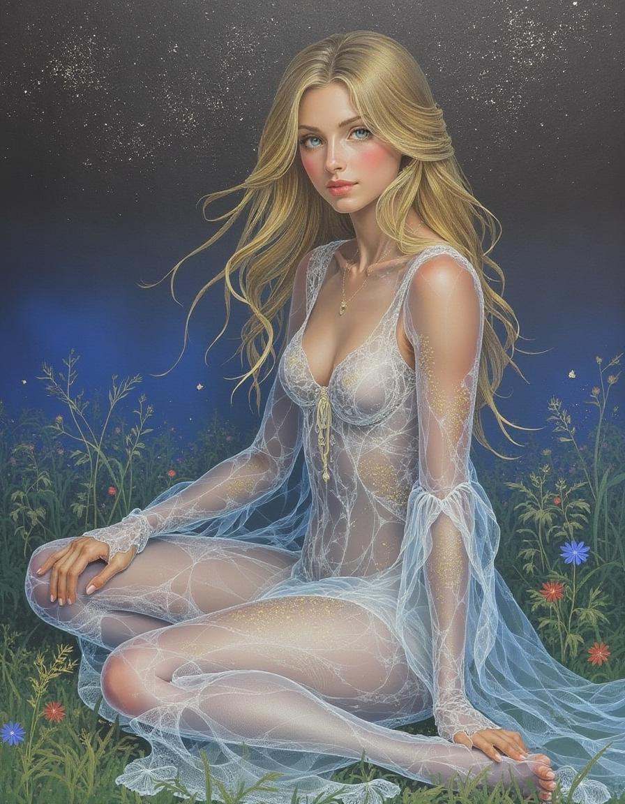 a delicate feminine model with a toned figure and soft golden highlights in her hair,  wearing a translucent gown with int...