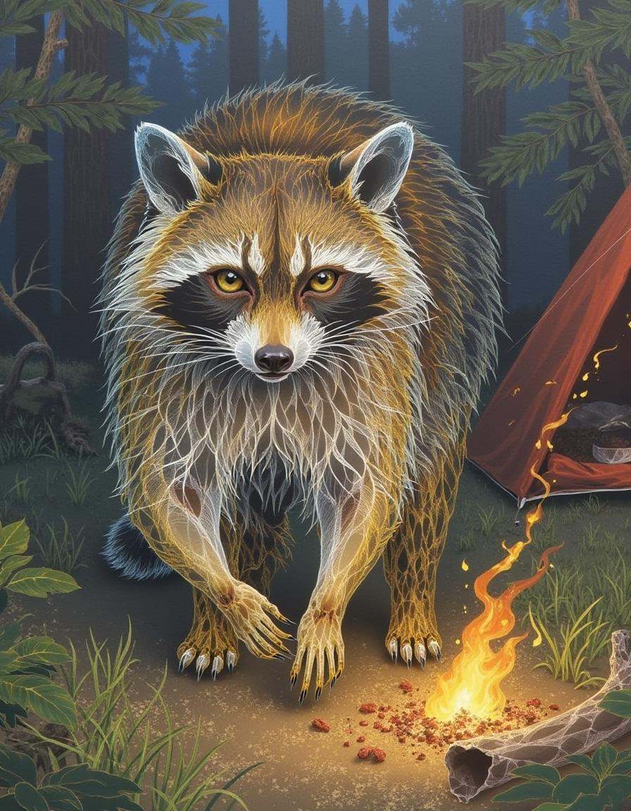 a dinhng style illustration,  translucent,  goldenRaccoon scavenging near a campsite on Tensor.Art