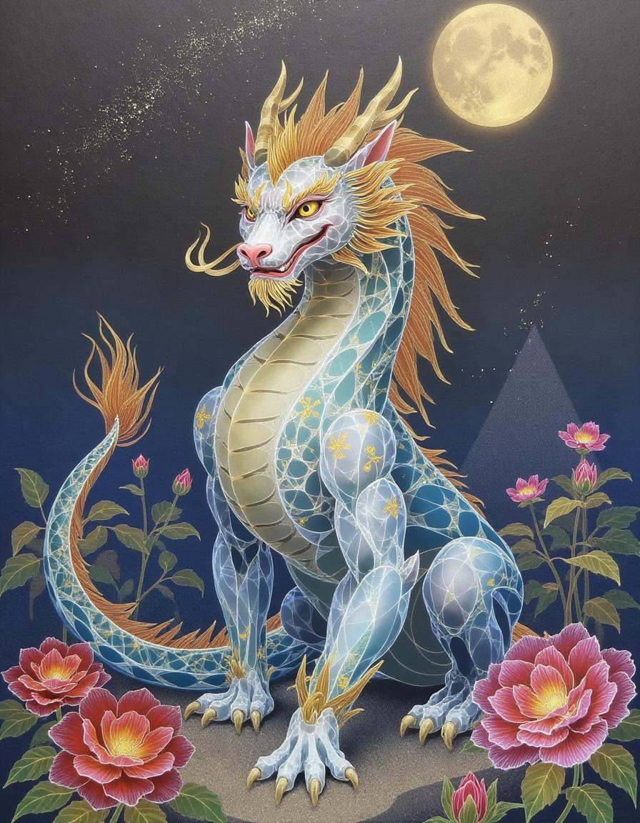 a glowing dragon statue with translucent golden accents surrounded by intricate flowers under a serene moonlit sky with vi...