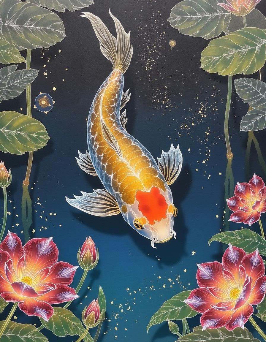 a mystical golden koi swimming in a translucent pond surrounded by intricate flowers and vivid colors,  glowing under a se...