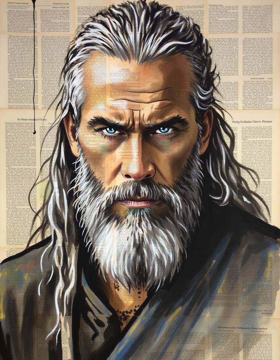 a painting on newspaper,  Create an image of a strong,  handsome man with long on Tensor.Art