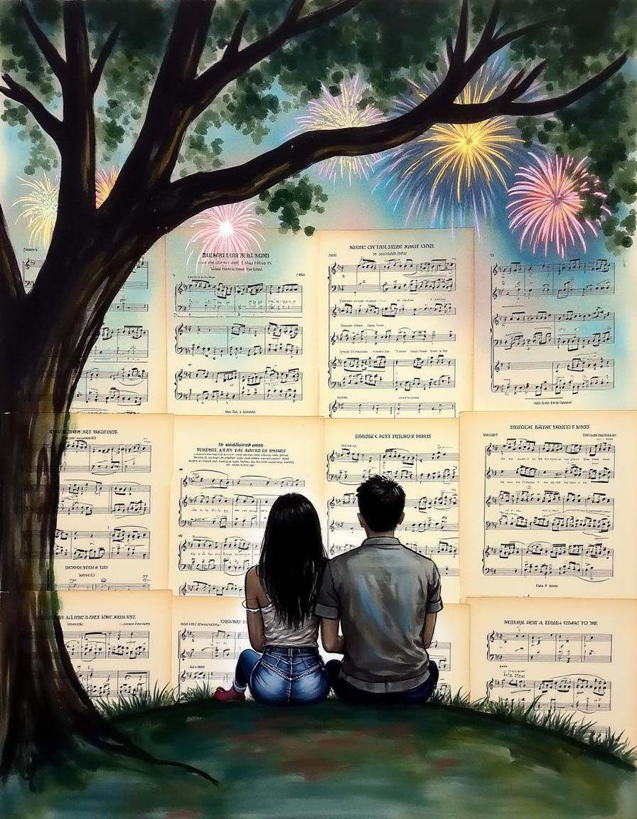 a painting on pages of music,  A young couple sitting on a grassy hill under a sprawling tree,  watching a fireworks displ...
