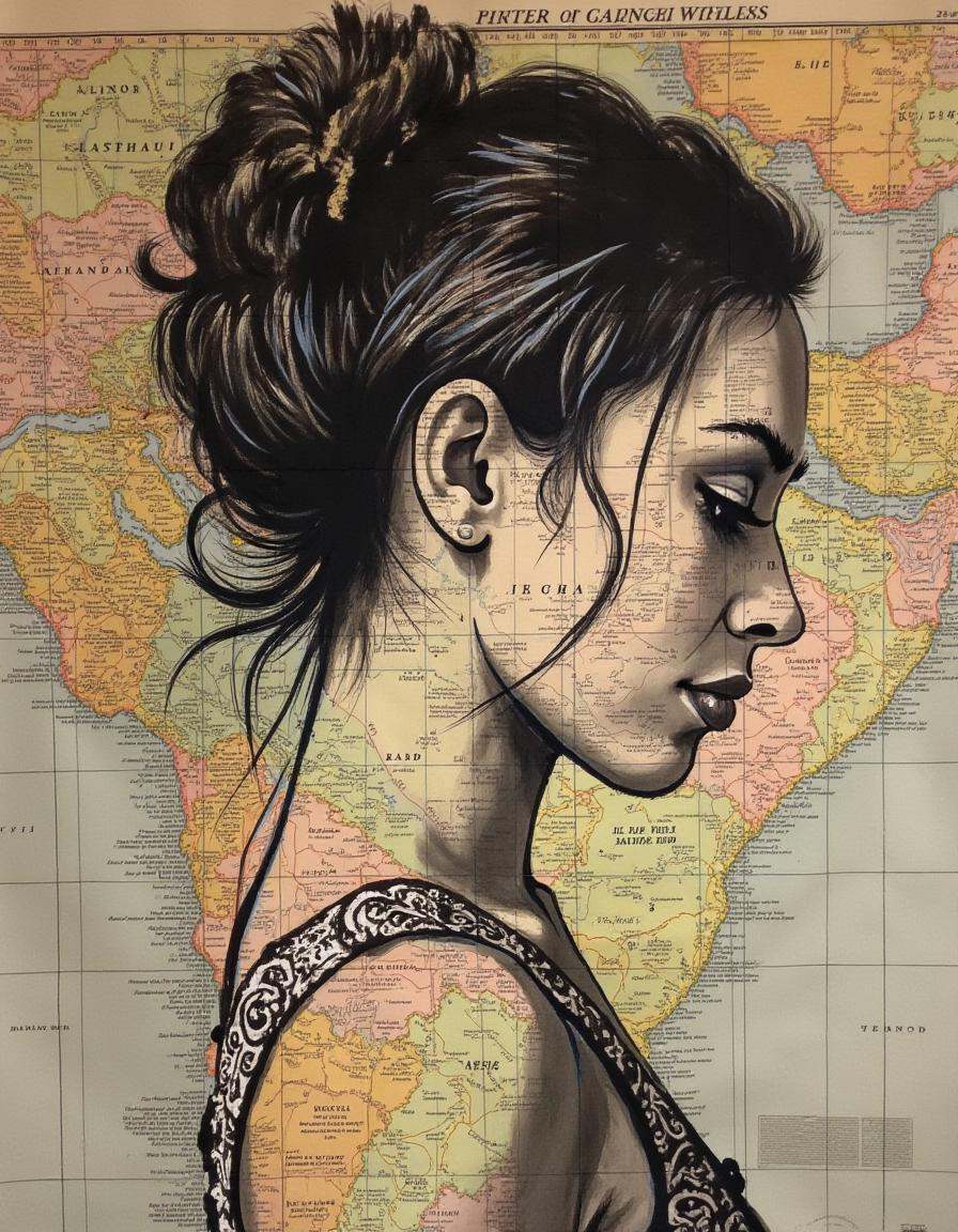 dipntnpgs paint on old maps,  a woman on Tensor.Art