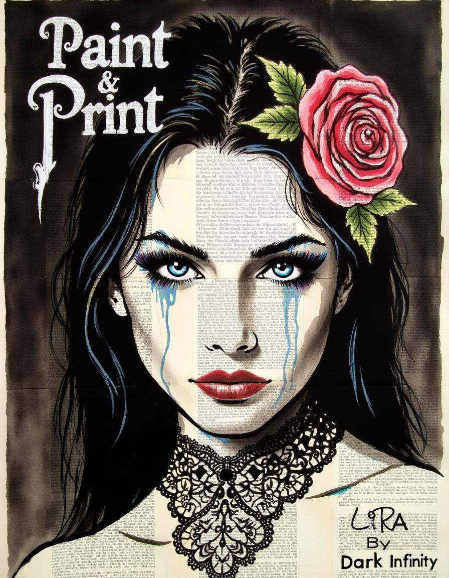 painting on old book pages,  large text in white ink across the top of an image that says "Paint & Print" and in smaller t...