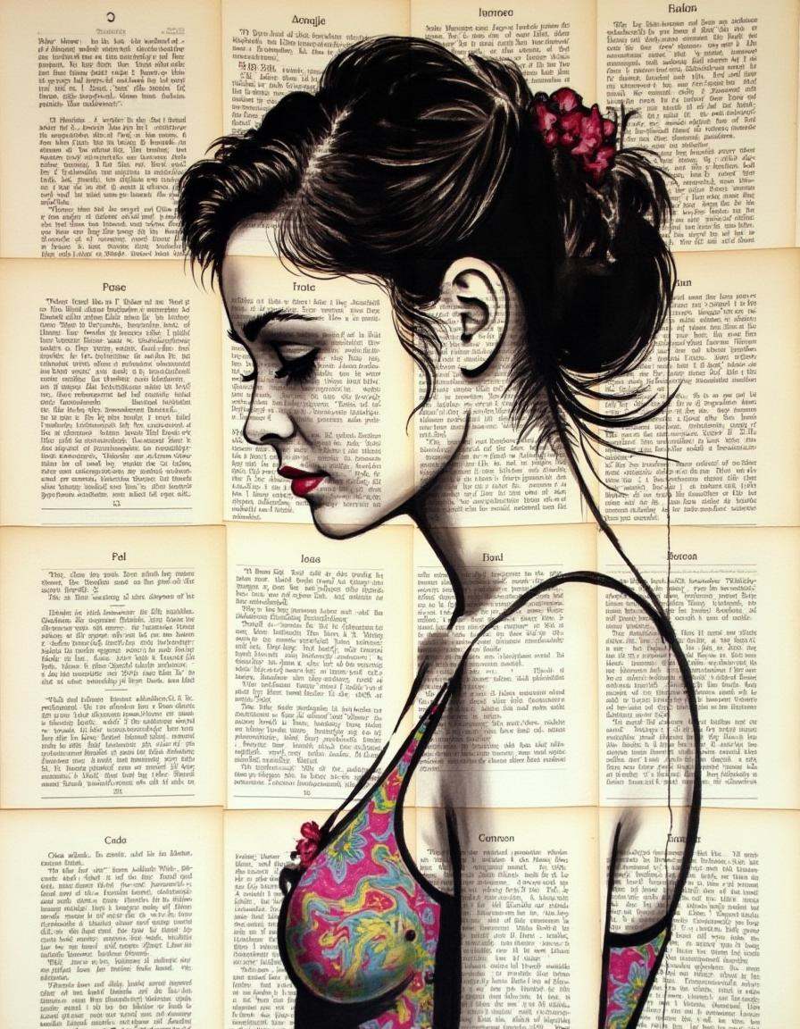 painting on old book pages,  a woman,  paper texture on Tensor.Art