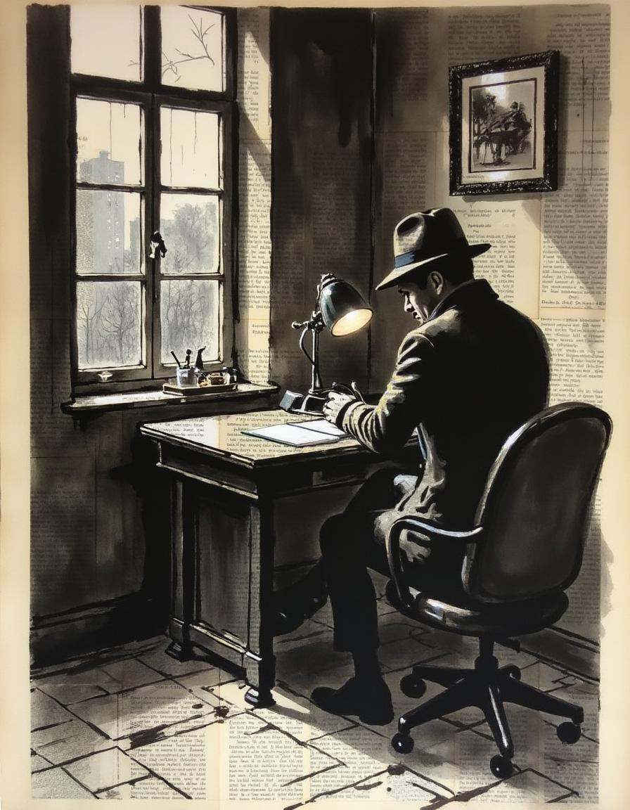 a painting on old book pages,  A noir detective office with rain on the windows. on Tensor.Art